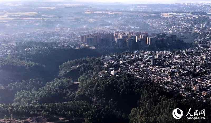 空中俯瞰被稱為“桉樹之城”的埃塞俄比亞首都亞的斯亞貝巴市。（攝影：李欣）